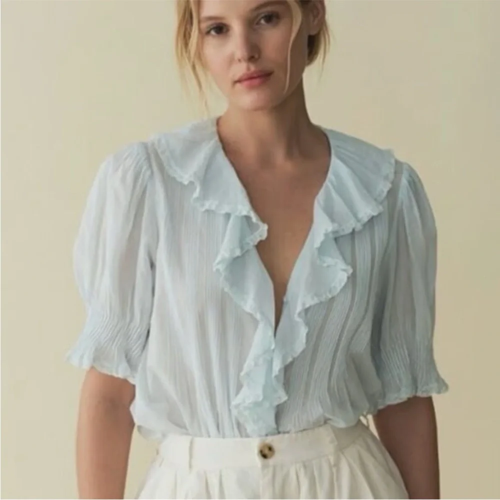 Doen NWT Medium Henri Ruffle Cotton Blouse in Alice Blue - Picture 6 of 14